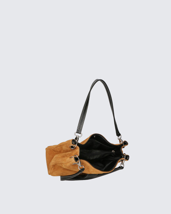 Italian Artisan TUTTI PORTANO Womens Handcrafted Baguette Handbag in Genuine Suede with Leather Trimming Made In Italy