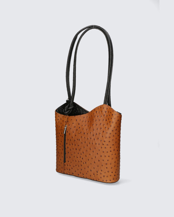 Italian Artisan Womens Shoulder Handbag-Backpack in Genuine Ostrich Print Leather Made In Italy