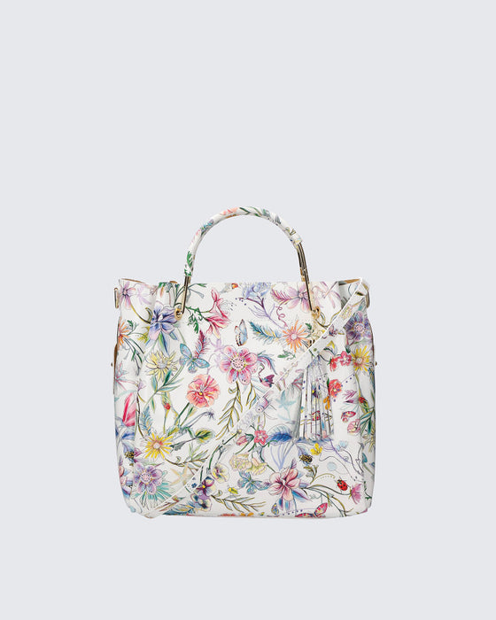 Italian Artisan Handmade Floral Print Handbag In Genuine Dollaro Leather Made in Italy