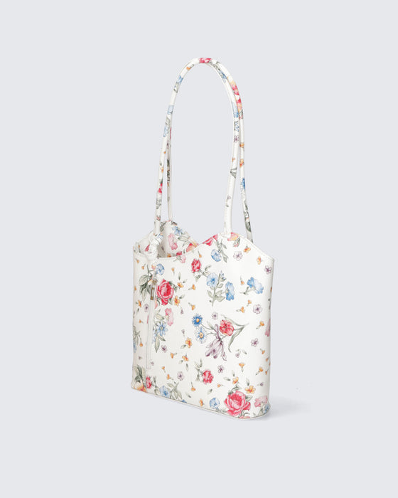 Italian Artisan Womens Tote-Shoulder-Backpack in Genuine Dollaro Leather with Floral Print Made In Italy