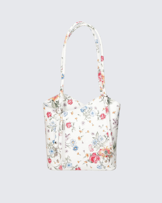Italian Artisan Womens Tote-Shoulder-Backpack in Genuine Dollaro Leather with Floral Print Made In Italy