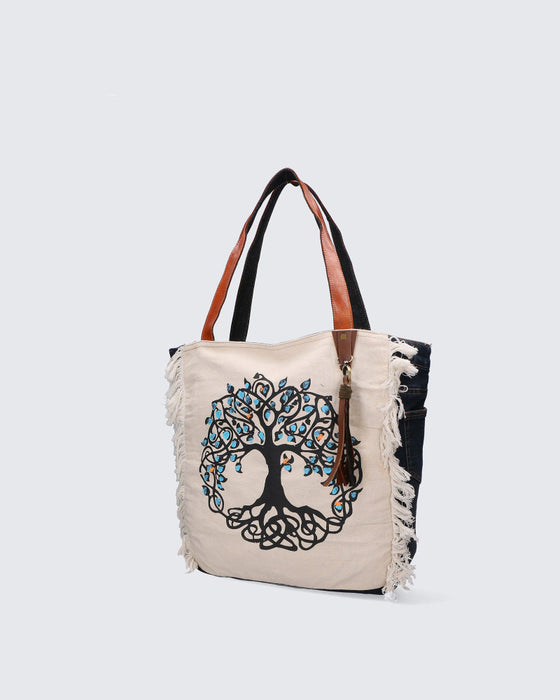 Italian Artisan Womens Handcrafted Shoulder and Tote Handbag in Genuine leather + Jeans and Canvas Made In Italy